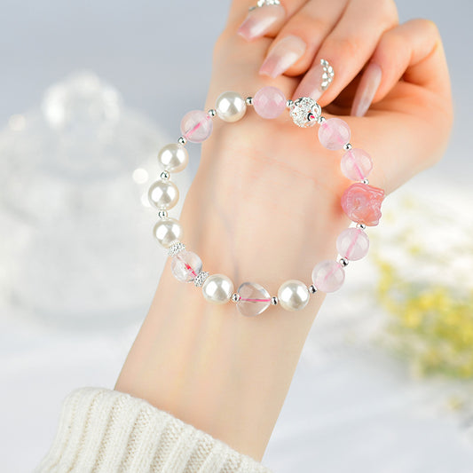 Natural Rose Quartz Pisces Crystal Bracelet with Shell Beads - Chinese Lion Dance Inspiration