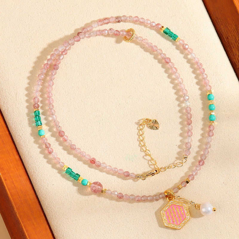 Natural Strawberry Crystal Faceted Necklace | Elegant Light Luxury Collarbone Choker for Love & Luck