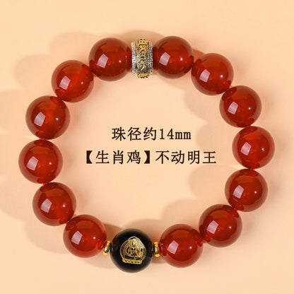 Natural Red Agate Zodiac Birth Buddha Six-Word Mantra Couple Bracelet for Birth Year Blessings