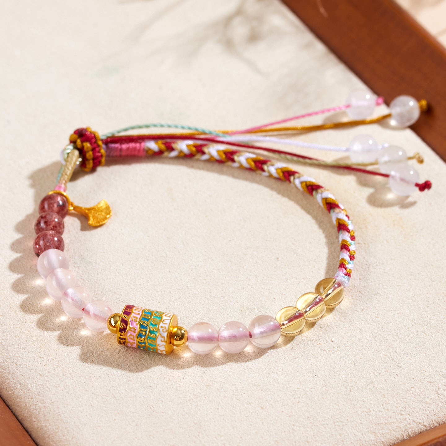 Natural Pink Yellow Strawberry Crystal Woven Bracelet | Harmony Energy & Good Fortune Charm