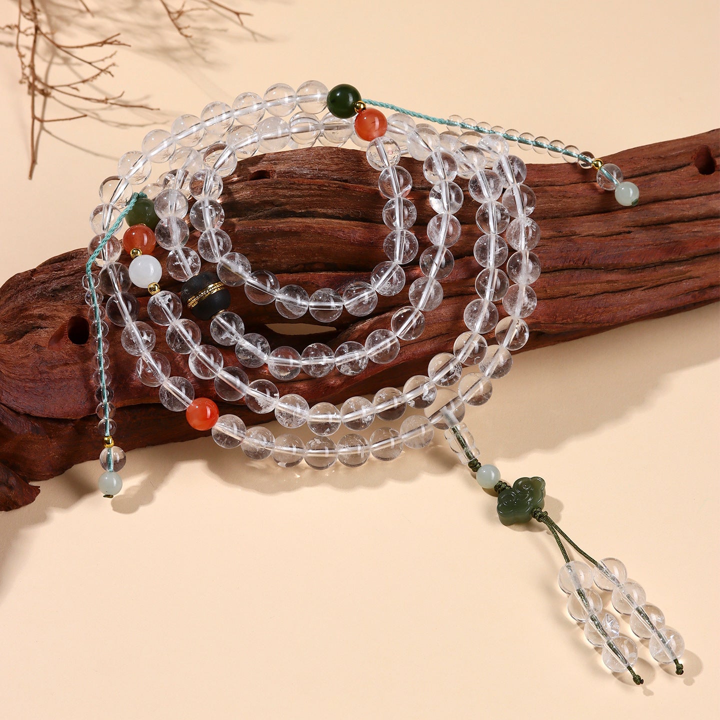 Natural White Crystal 108-Bead Bracelet with Hetian Jade & Red Agate | Buddhist Spiritual Jewelry