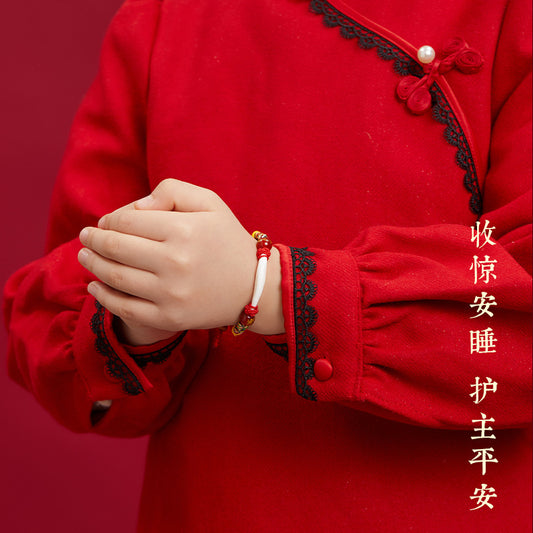 Black Dog Tooth Cinnabar Zodiac Bracelet with Peach Wood Red String for Infant Protection