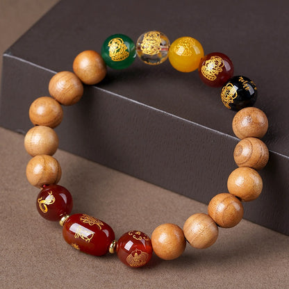 Natural Peach Wood Agate Five-Way Wealth God Fortune Bracelet for Zodiac Birth Year