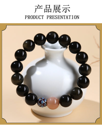 Natural Obsidian Sunstone Couple's Meditation Bracelet | Protection & Harmony Energy