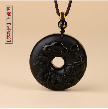 Natural Obsidian Zodiac Peace Buckle Pendant | Spiritual Protection & Fortune Necklace