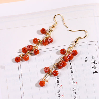 Natural Emerald Red Jade Tassel Earrings | Chinese Retro Style Luxury Women's Jewelry