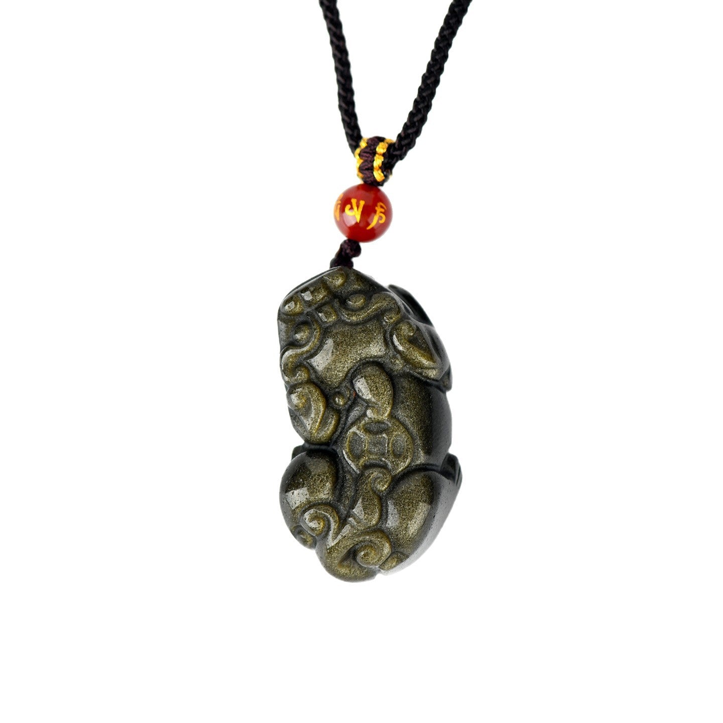 Natural Black Obsidian Pixiu Pendant with Copper Coin and Ruyi Carving - Wealth and Protection Amulet