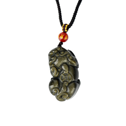 Natural Black Obsidian Pixiu Pendant with Copper Coin and Ruyi Carving - Wealth and Protection Amulet
