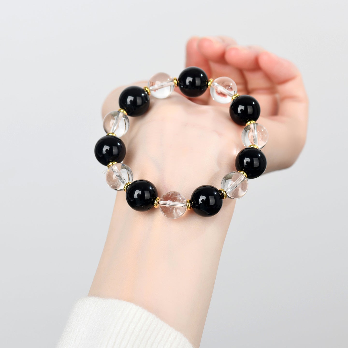 Natural White Crystal and Black Obsidian Single Circle Bracelet - Unisex Spiritual Protection Jewelry