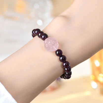 Natural Crystal Garnet Rose Quartz Fox Bracelet - Chinese Style Women's Spiritual Jewelry