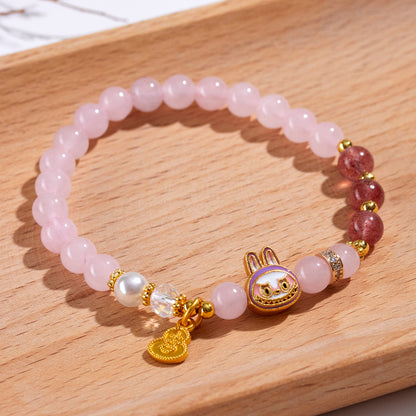 Natural Rose Strawberry Quartz LABUBU Charm Bracelet for Love and Harmony