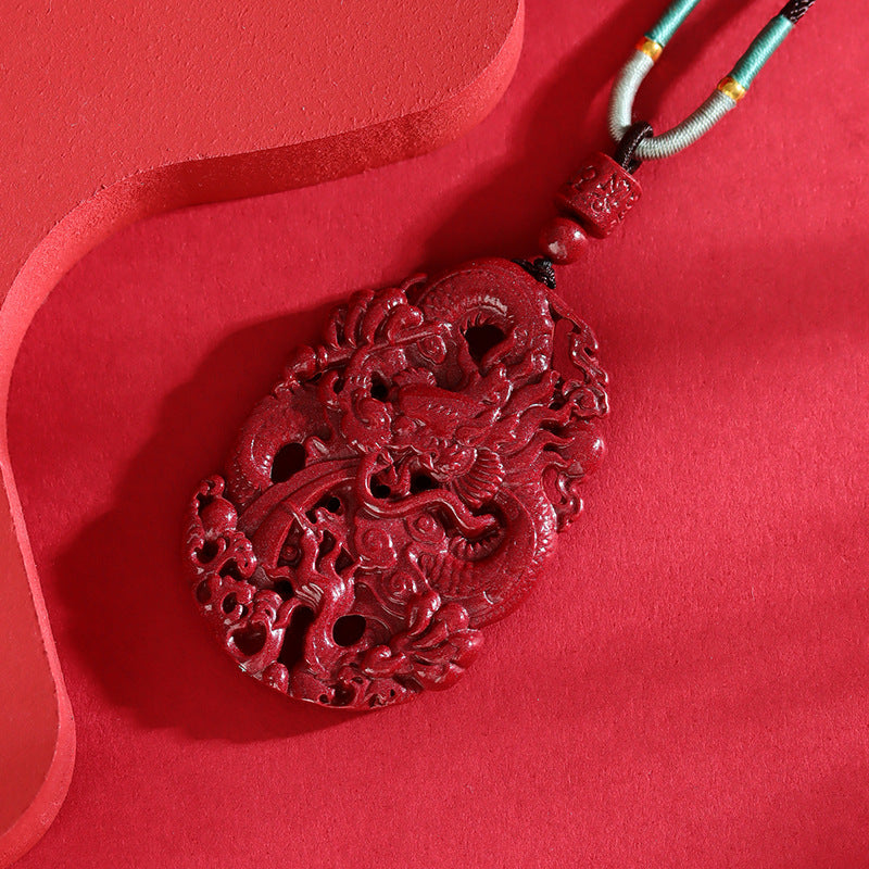 Dragon Soaring Four Seas Natural Cinnabar Double-Sided Carved Pendant Necklace