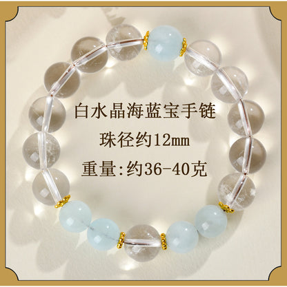 Natural Crystal Energy Bracelet with White Crystal, Obsidian, Strawberry Quartz, and Aquamarine | Spiritual Harmony & Protection