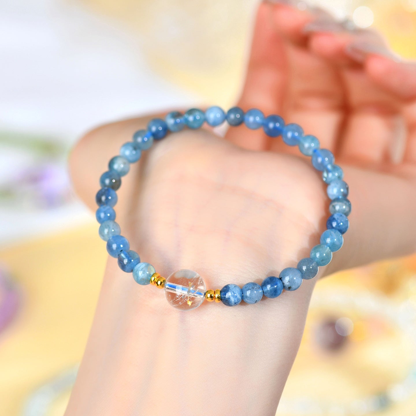 Natural Aquamarine White Crystal Single Circle Bracelet | S925 Silver Elegant Women's Jewelry for Harmony & Protection