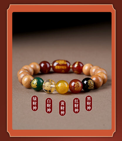 Natural Peach Wood Agate Five-Way Wealth God Fortune Bracelet for Zodiac Birth Year