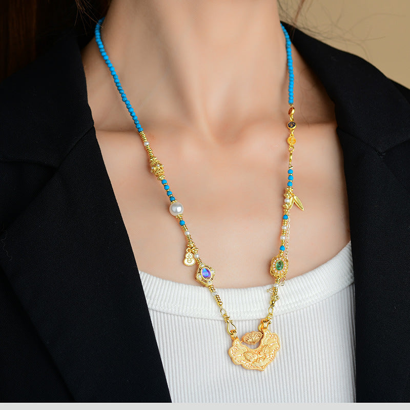 Koi Fish Ruyi Lock Necklace - Ancient Copper Gold Plated Chinese Style Pendant