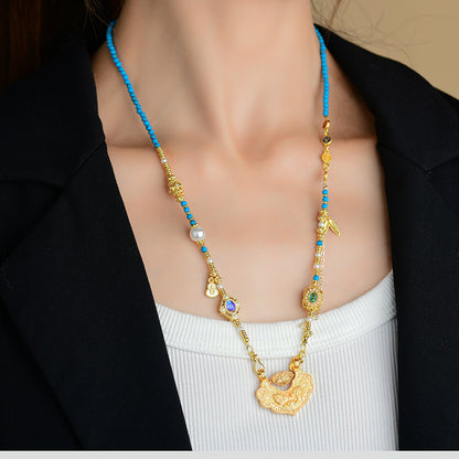 Koi Fish Ruyi Lock Necklace - Ancient Copper Gold Plated Chinese Style Pendant