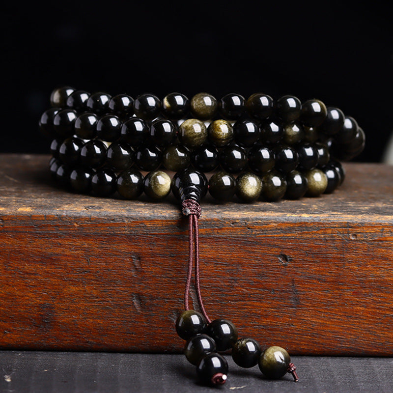 Natural Obsidian 108 Buddha Beads Multi-Circle Bracelet | Spiritual Protection Talisman