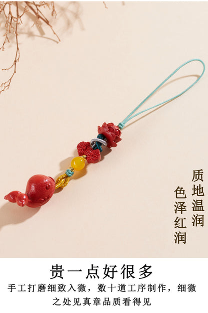 Imperial Red Cinnabar Whale Phone Chain Pendant with Lotus Keychain - Spiritual Guardian & Wealth Attractor