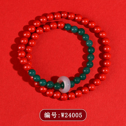 Natural Cinnabar and Green Agate Double Circle Bracelet for Women - Wealth and Protection Talisman