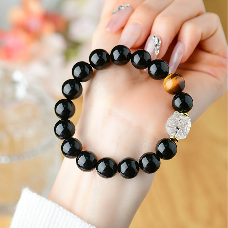 Natural Obsidian Bracelet with White Crystal Lion Awakening - Unisex Spiritual Protection Beaded Jewelry