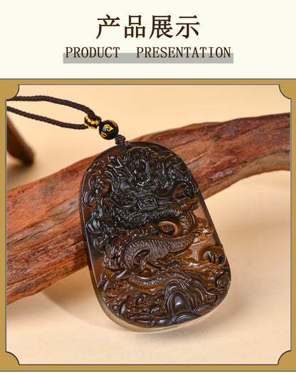 Natural Obsidian S Dragon Pendant - Zodiac Year Charm for Protection and Prosperity
