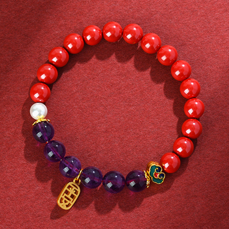 Natural Cinnabar Amethyst Bracelet with Purple Gold Sand - Chinese Style Spiritual Protection Jewelry