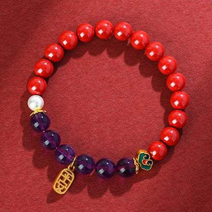 Natural Cinnabar Amethyst Bracelet with Purple Gold Sand - Chinese Style Spiritual Protection Jewelry