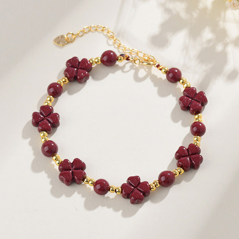 Natural Cinnabar Purple Gold Sand Peach Blossom Four-leaf Clover Journey Blessing Bracelet