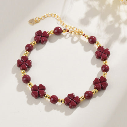 Natural Cinnabar Purple Gold Sand Peach Blossom Four-leaf Clover Journey Blessing Bracelet