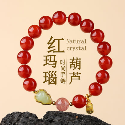 Natural Red Agate Strawberry Crystal Gourd Bracelet | Chinese Style Fortune Prosperity Unisex