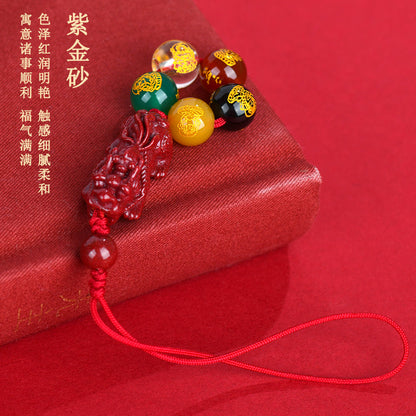 Natural Purple Gold Cinnabar Pixiu Five Road God of Wealth Pendant for Phone and Keys