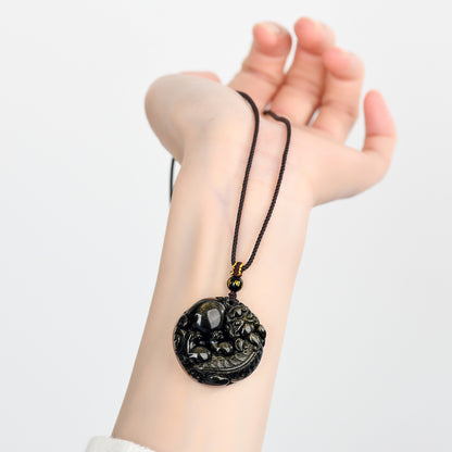 Natural Gold Obsidian Pixiu Pendant - Lucky Charm Necklace for Wealth and Protection