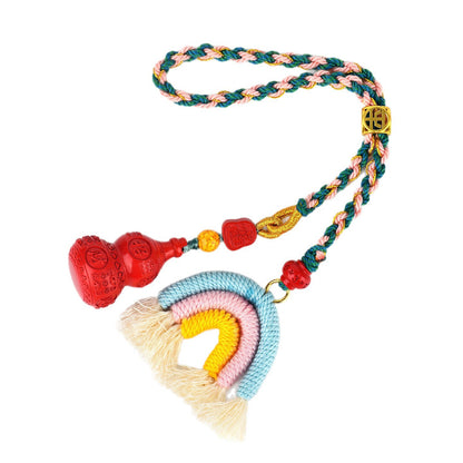 Natural Imperial Red Cinnabar Gourd Rainbow Keychain - Handwoven Protection Pendant for Luck