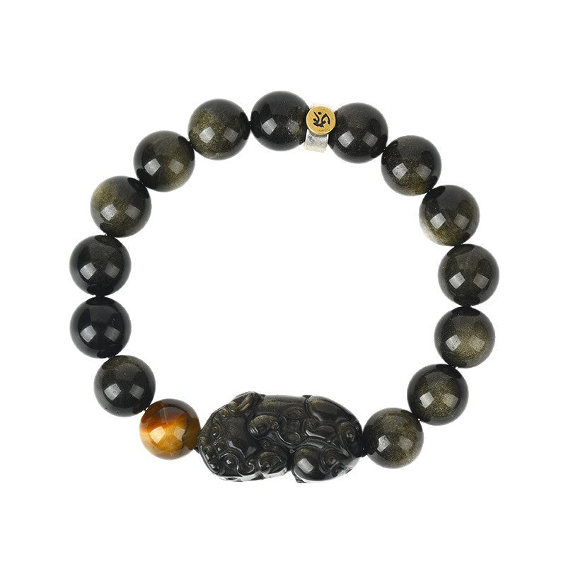 Natural Obsidian Pixiu Zodiac Buddha Bracelet - Wealth Protection Couple Gift