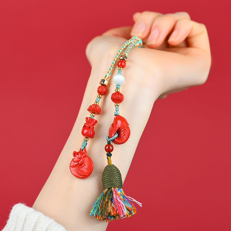 Natural Cinnabar Lotus Prosperity Car Pendant Keychain - Wealth & Protection Talisman