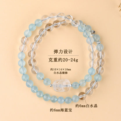 Natural Aquamarine and White Crystal Pixiu Double Circle Bracelet - Spiritual Elegance for Women
