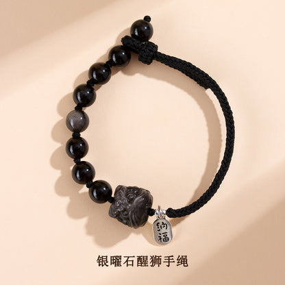 Silver Obsidian Lion Awakening Handwoven Bracelet - Courage Protection Amulet
