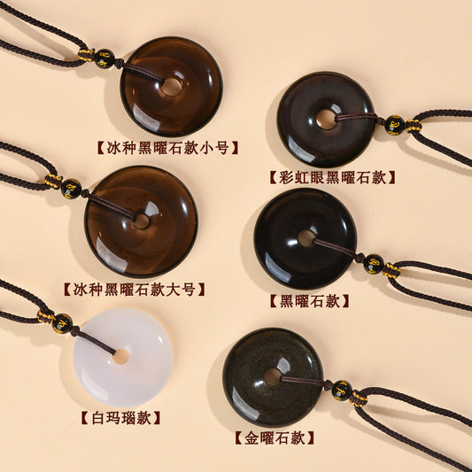 Natural Obsidian White Agate Peace Buckle Pendant - Chinese Style Zodiac Harmony Necklace