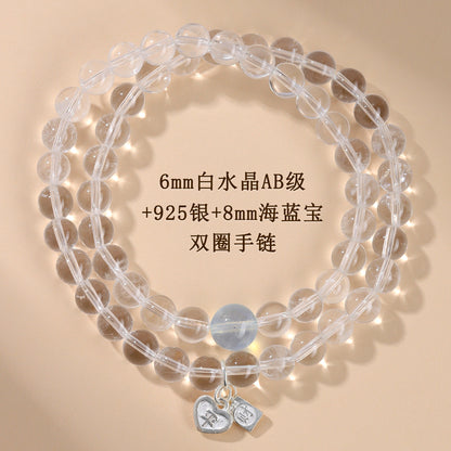 White Crystal Aquamarine Double Circle Bracelet - S925 Silver Chinese Style Elegance