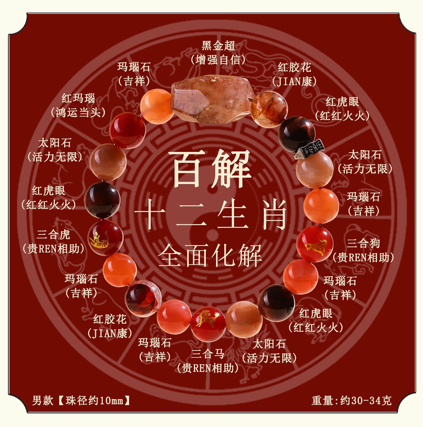 Natural Crystal Zodiac Three-Planet Bracelet - Black Gold Flexible Unisex Spiritual Amulet