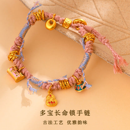 Golden Multi-Treasure Longevity Lock Tibetan Braided Bracelet - DIY Coiled Rope for Wealth and Health