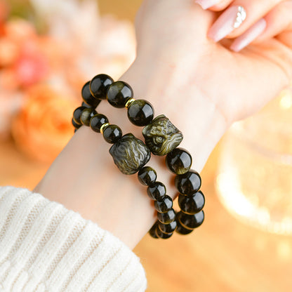 Golden Obsidian Double Color Eye Bracelet with Awakening Lion - Chinese Style Spiritual Protection Jewelry