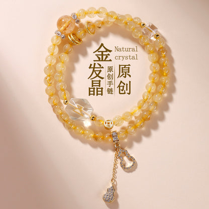 Golden Rutilated Quartz Double Circle Bracelet | Spiritual Women's Buddhist Bead for Wealth and Harmony