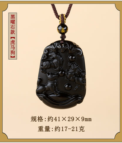 Natural Ice Obsidian Zodiac Triad Pendant Necklace｜Birth Year Protection & Harmony