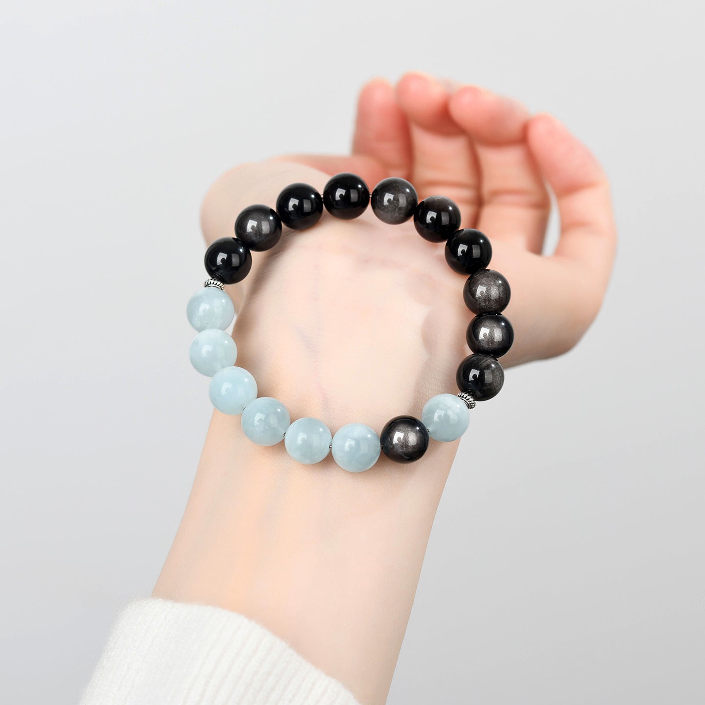 Elegant Silver Obsidian and Aquamarine Bracelet | Protection and Serenity for Women