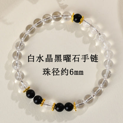 Natural Crystal Energy Bracelet with White Crystal, Obsidian, Strawberry Quartz, and Aquamarine | Spiritual Harmony & Protection