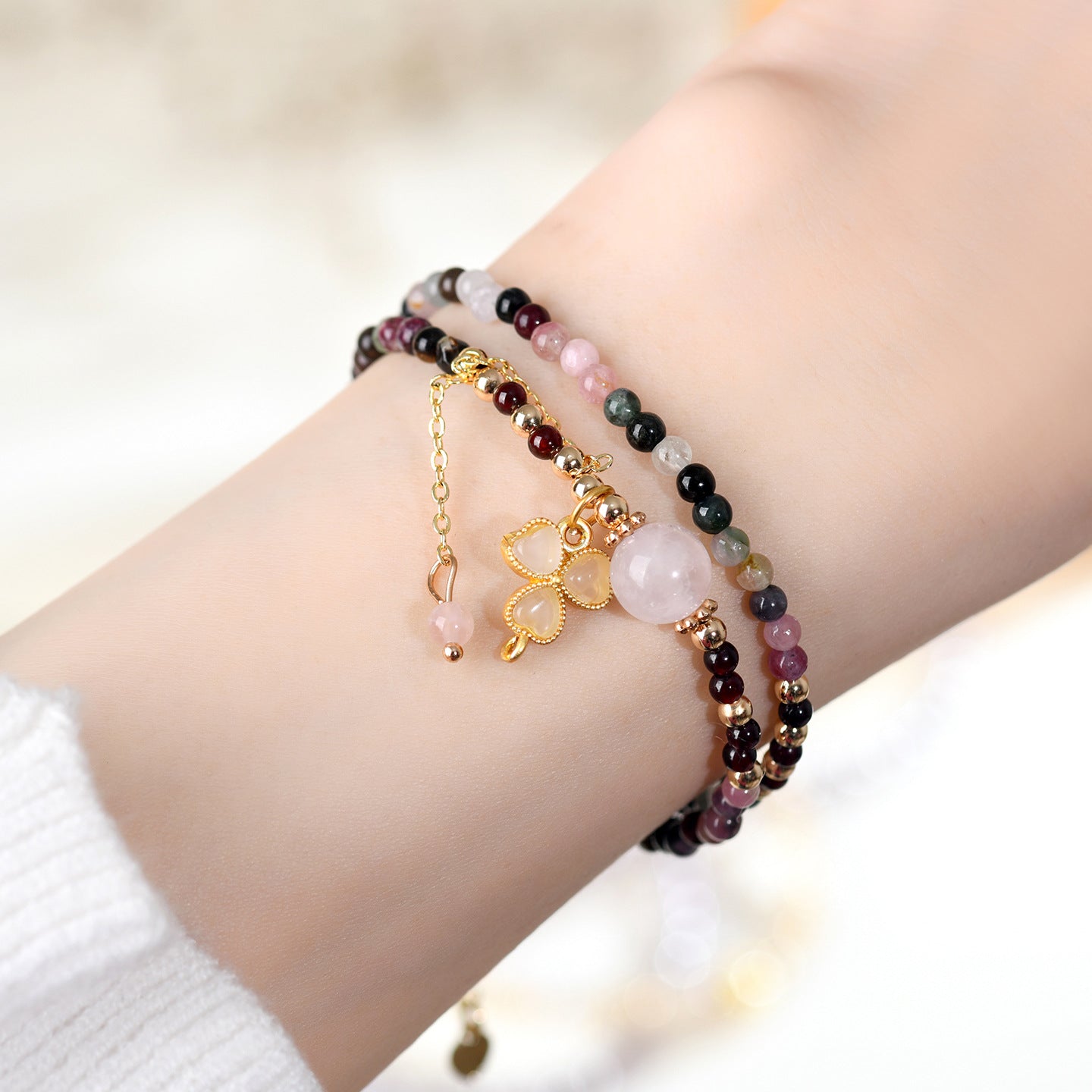Natural Tourmaline Garnet Rose Quartz Double Circle Bracelet | Adjustable Female Wangfu Stone for Love & Fortune