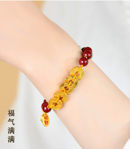 Natural Purple Gold Cinnabar Five Emperors Coin Braided Bracelet - Chinese Spiritual Protection Jewelry