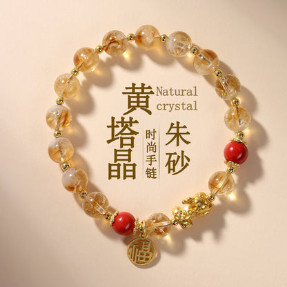 Yellow Pagoda Crystal and Imperial Red Cinnabar Lucky Bracelet for Women